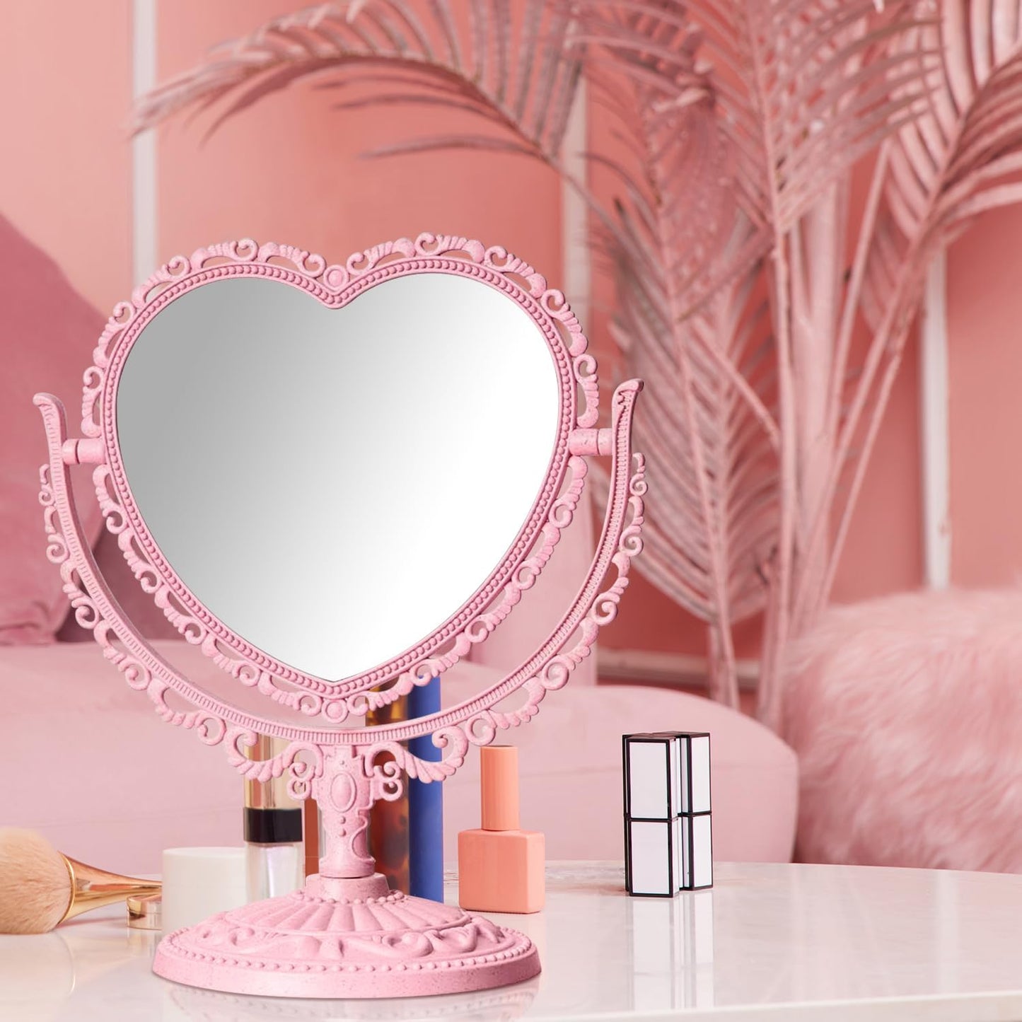 QEEYON Pink Heart Vanity Mirror - Double Sided 360 Degree Swivel - Aesthetic Makeup Cosmetic Mirror for Table Desk Countertop Dresser Coquette