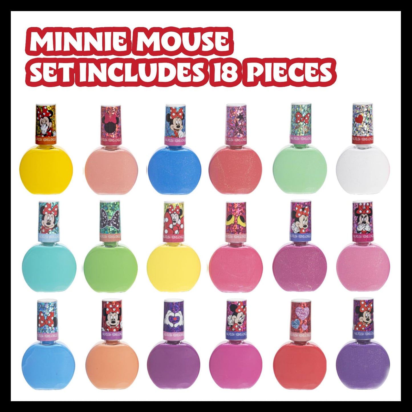 Disney Minnie Mouse - Townley Girl Non-Toxic Peel-Off Nail Polish Set for Girls, Glittery and Opaque Colors, Ages 18 Pcs|Perfect for Parties