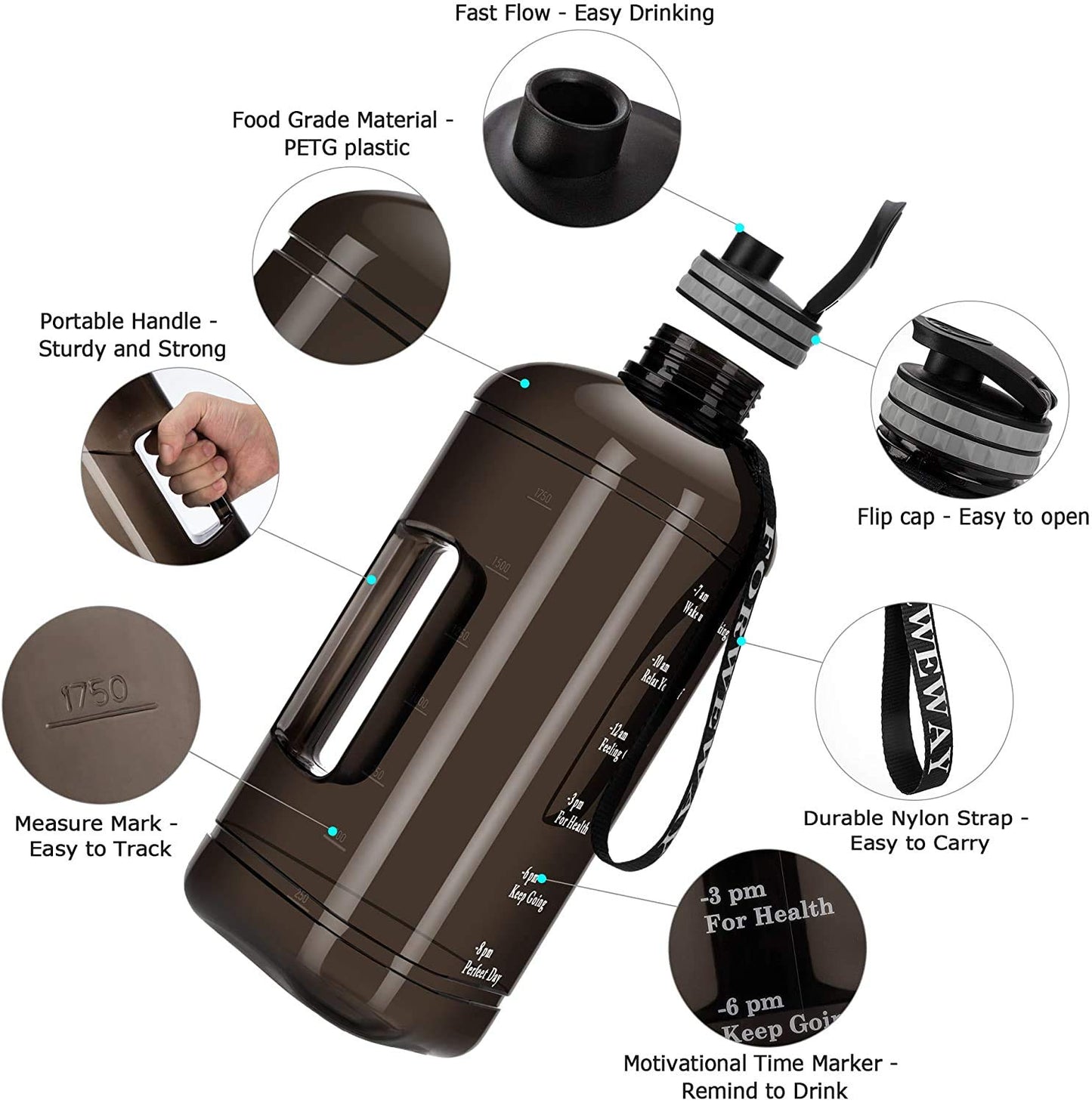 FORWEWAY Half Gallon Water Bottle with Handle 2.2L/74OZ Large Plastic Water Bottles BPA Free Water Bottles with Strap Portable with Time Marker…