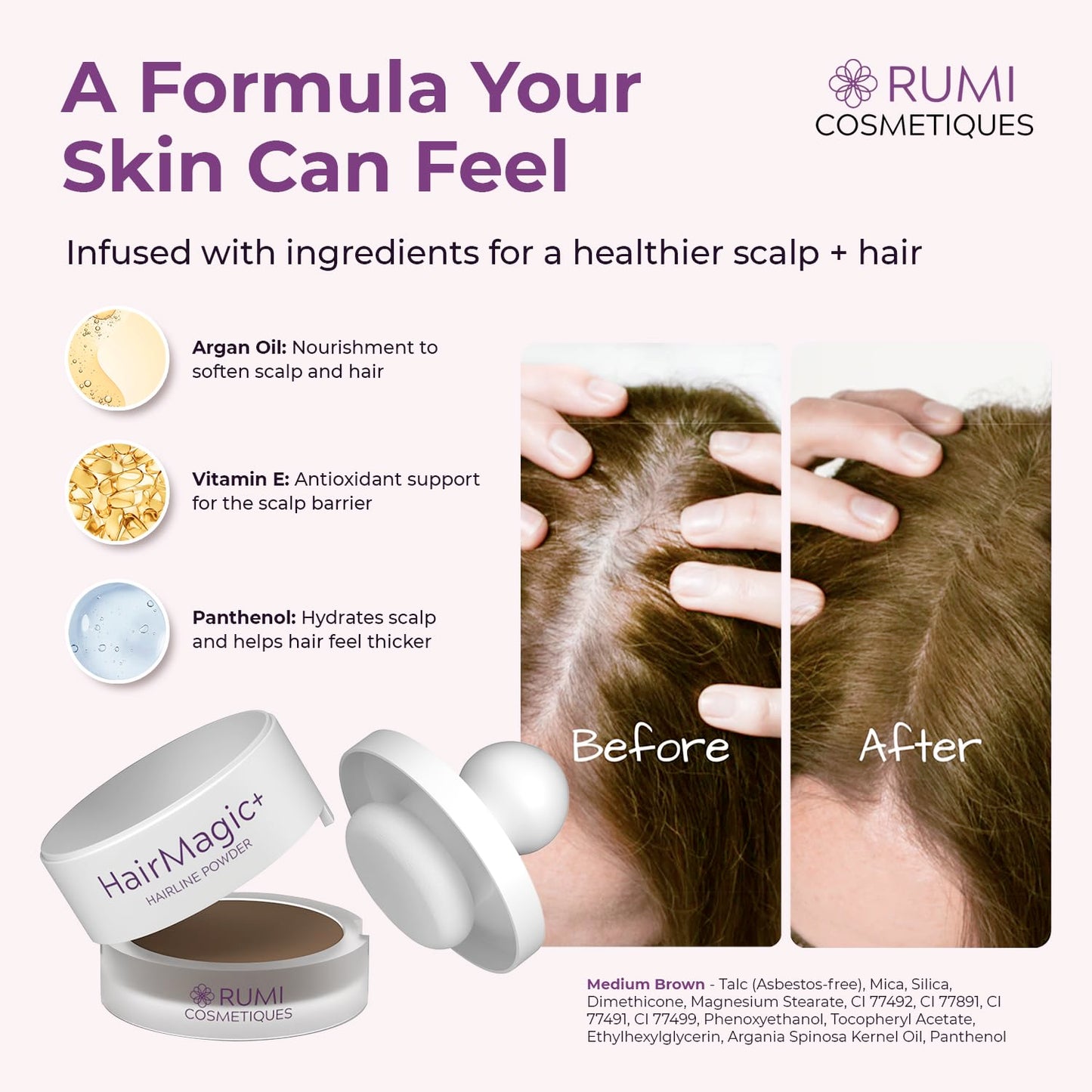 Rumi Cosmetiques HairMagic+ Root Touch Up Powder for Mature Women - Instant Gray Hair Coverage & Hairline Filler - Water-Resistant, Natural Finish