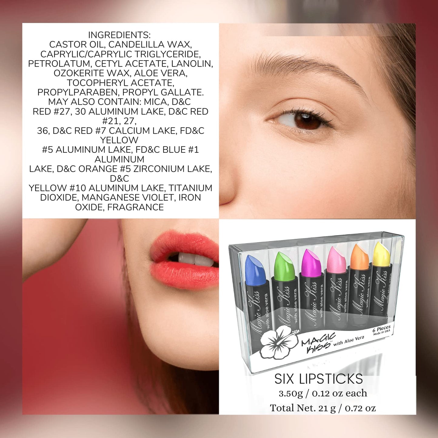 Magic Kiss Color Changing Matte 6 Piece Lipstick Set infused with Aloe Vera Made in USA (Colors of Aloha 1)