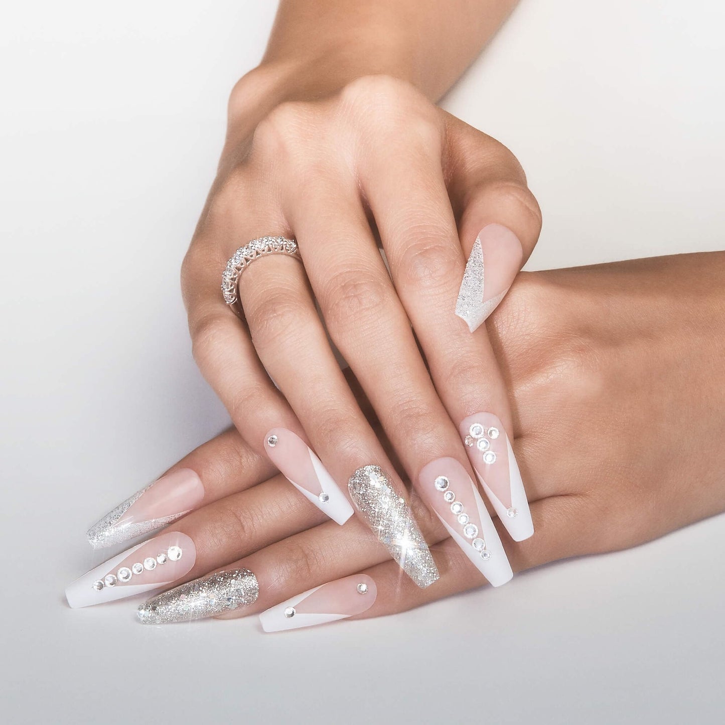 KISS Classy, Press On Nails, Nail glue included, 'Sophisticated', Silver, Extra-Long Size, Coffin Shape, Includes 30 Nails, 2g glue, 1 Manicure Stick
