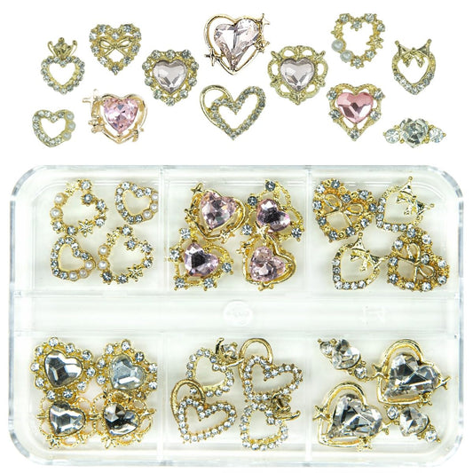 24pcs Heart Nail Charms Luxury Alloy Charms for Nails, qiipii 12 Pair 3D Gold Nail Art Rhinestones Nail Gems Golden Nail Crystal Diamonds Jewelry Beauty & Personal Care qiipii