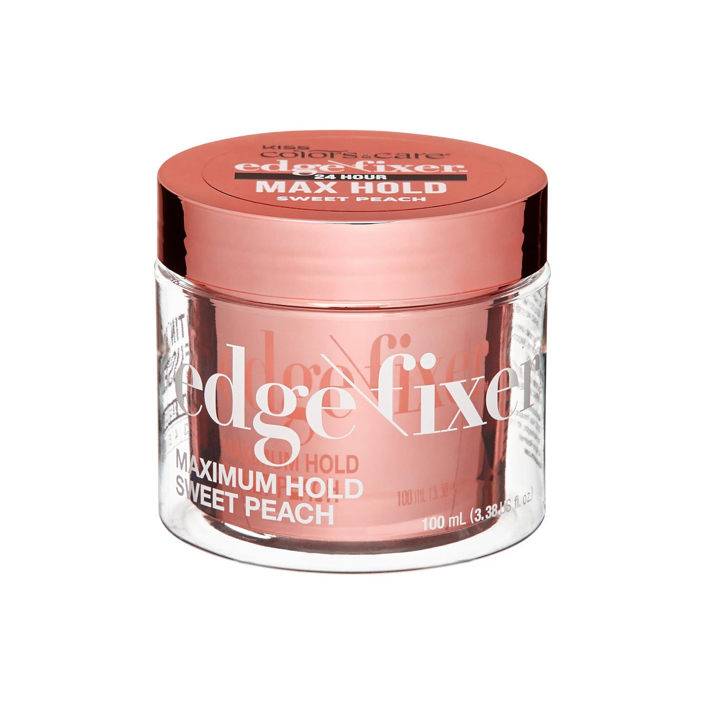 KISS COLORS & CARE Maximum Hold Edge Fixer, Non-Greasy Gel Formula Infused With Biotin B7, 24 Hour Hold, ‘Sweet Peach’ Scented, 3.38 Fl. Oz. (100 ml)