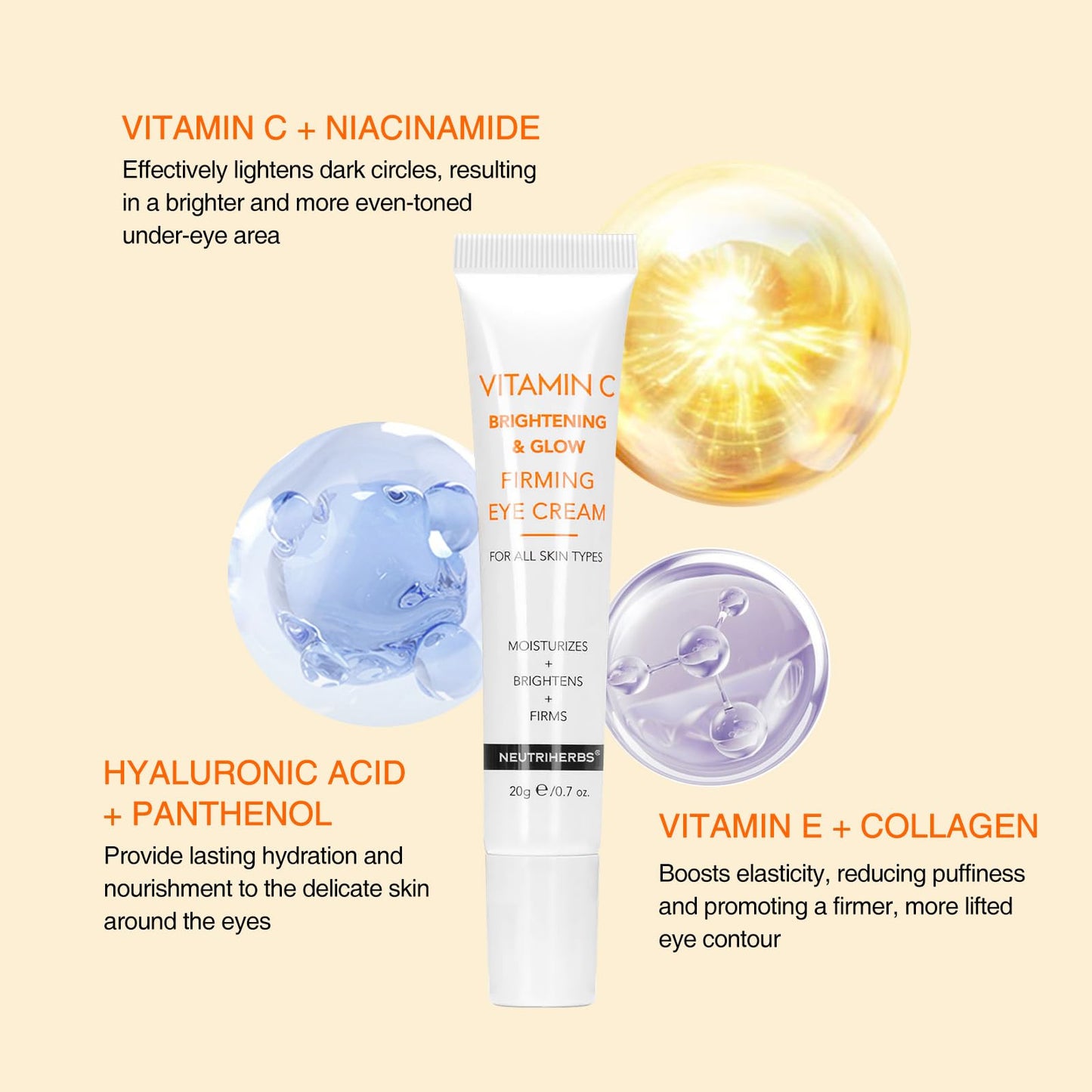 Neutriherbs Eye Cream Vitamin C Eye Gel for Dark Circles, Eye Bags, Puffiness, Eye Massage Under Eye with Hyaluronic Acid, 20g e/0.7 oz.