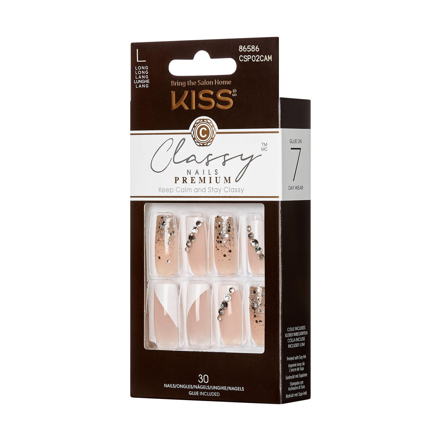 KISS Classy Premium Press On Nails, 'Gorgeous', White, Long Length, Square Shape, Includes 30 Fake Nails, 2g Pink Gel Nail Glue, 1 Manicure Stick, 1