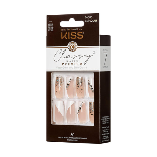KISS Classy Premium Press On Nails, 'Gorgeous', White, Long Length, Square Shape, Includes 30 Fake Nails, 2g Pink Gel Nail Glue, 1 Manicure Stick, 1
