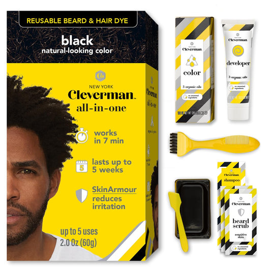 Reusable Hair & Beard Dye for Black Men - Black 1.0 | Up to 5 Uses, 7 Minutes | Natural Gray Coverage, No-Drip Cream with SkinArmour® - Cleverman