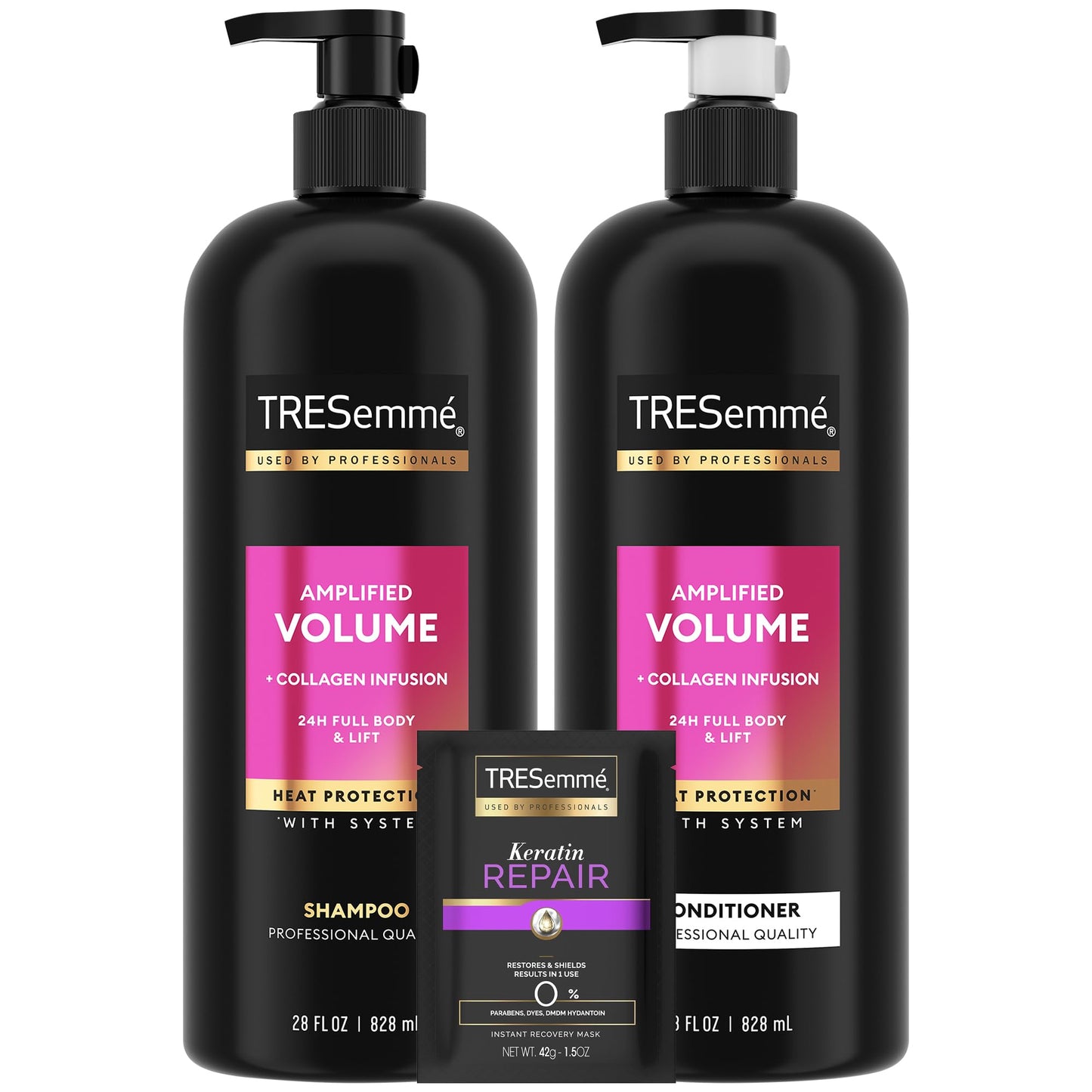 TRESemmé Shampoo and Conditioner Set, Amplified Volume + Collagen Infusion, 24H Full Body & Lift with Heat Protection + Keratin Repair Mask (3 Piece