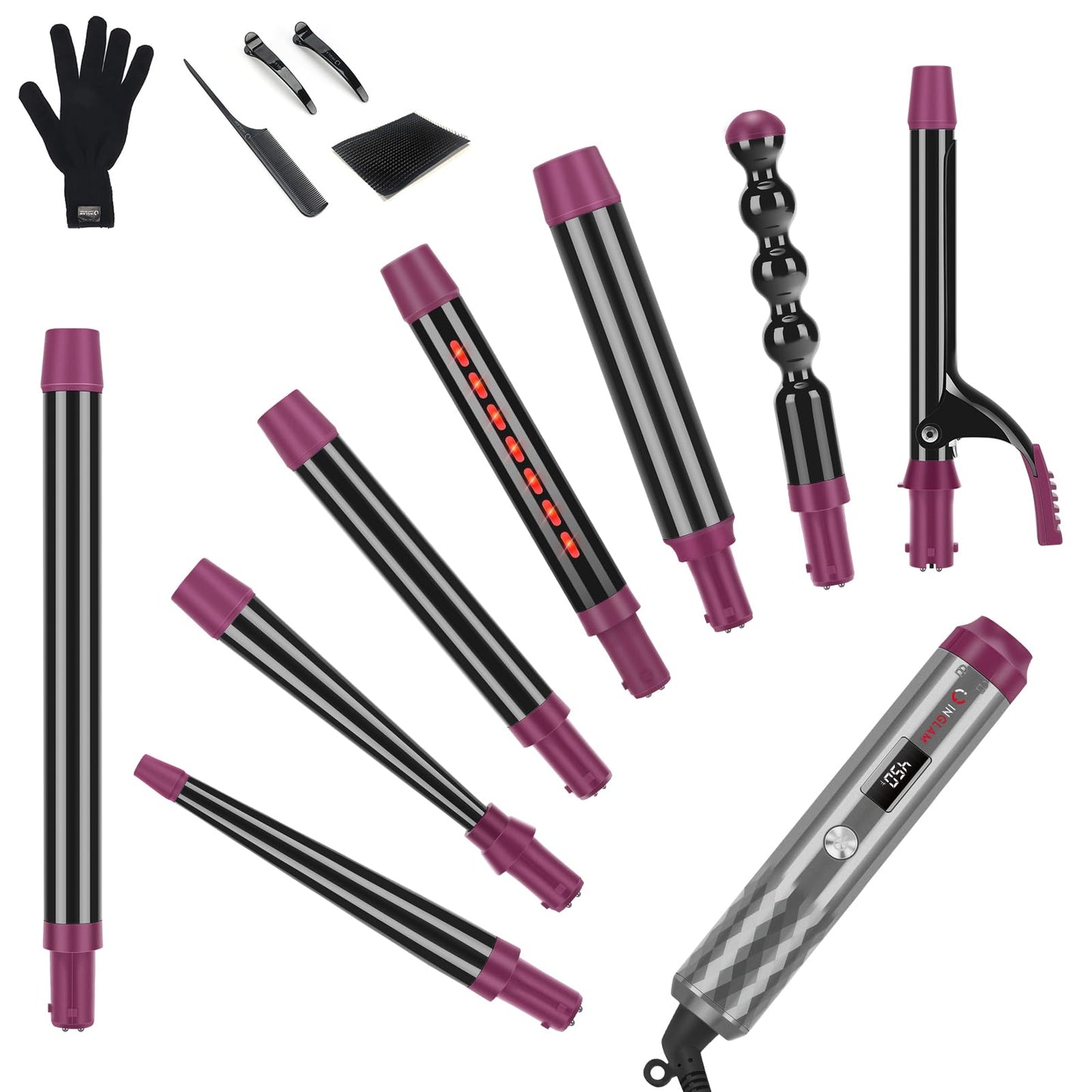 IG INGLAM Curling Iron Wand Set, 8 in-1 Interchangeable Ceramic Barrels with Infrared, Cucurbit, Tapered, Extended, 1in, 1 1/4 in, 3/4in Barrels