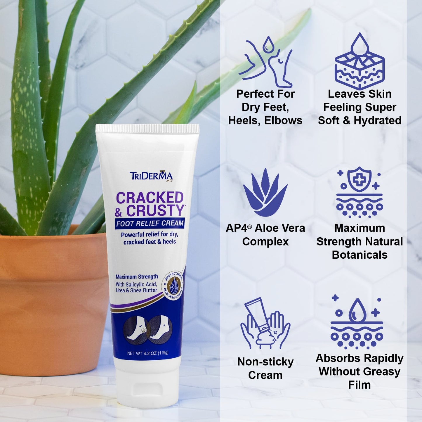 TriDerma Cracked & Crusty™ Healthy Foot Cream Moisturizes, Softens and Heals Dry Feet, Cracked Heels and Dry Elbows with Salicylic Acid, Urea, Shea