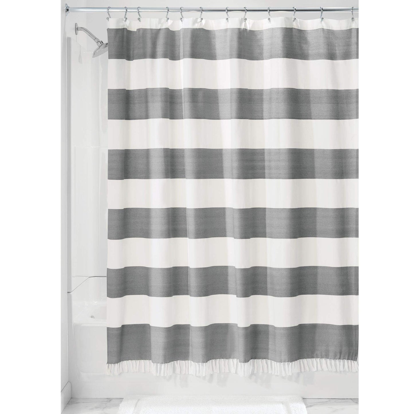 iDesign Wide Stripe Fabric Shower Curtain with Tassels, Fringe for Master, Guest, Kids' Bathrooms, Bathtubs, Stalls, Charcoal
