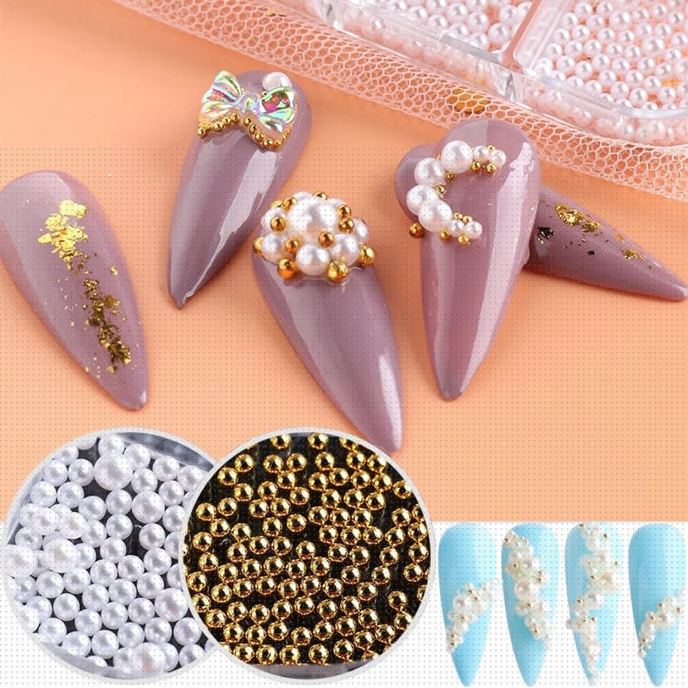 UARUOGP 90 Pcs 5D Mixed White Flower Camellia Nail Art Set and 900 Pcs 3D Nail Art Supplies Round Pearls Caviar Beads Nails Charms Tips Glitter