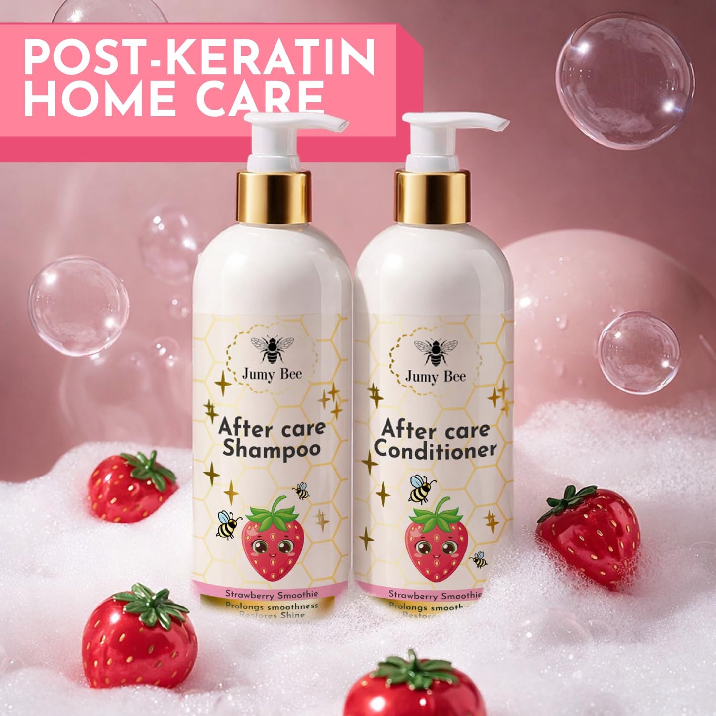 Jumybee After Care Anti-Frizz Shampoo and Conditioner Set - Strawberry Smoothie - Prolongs Keratin & Hair BTX Results - Collagen, Argan Oil, Vitamin