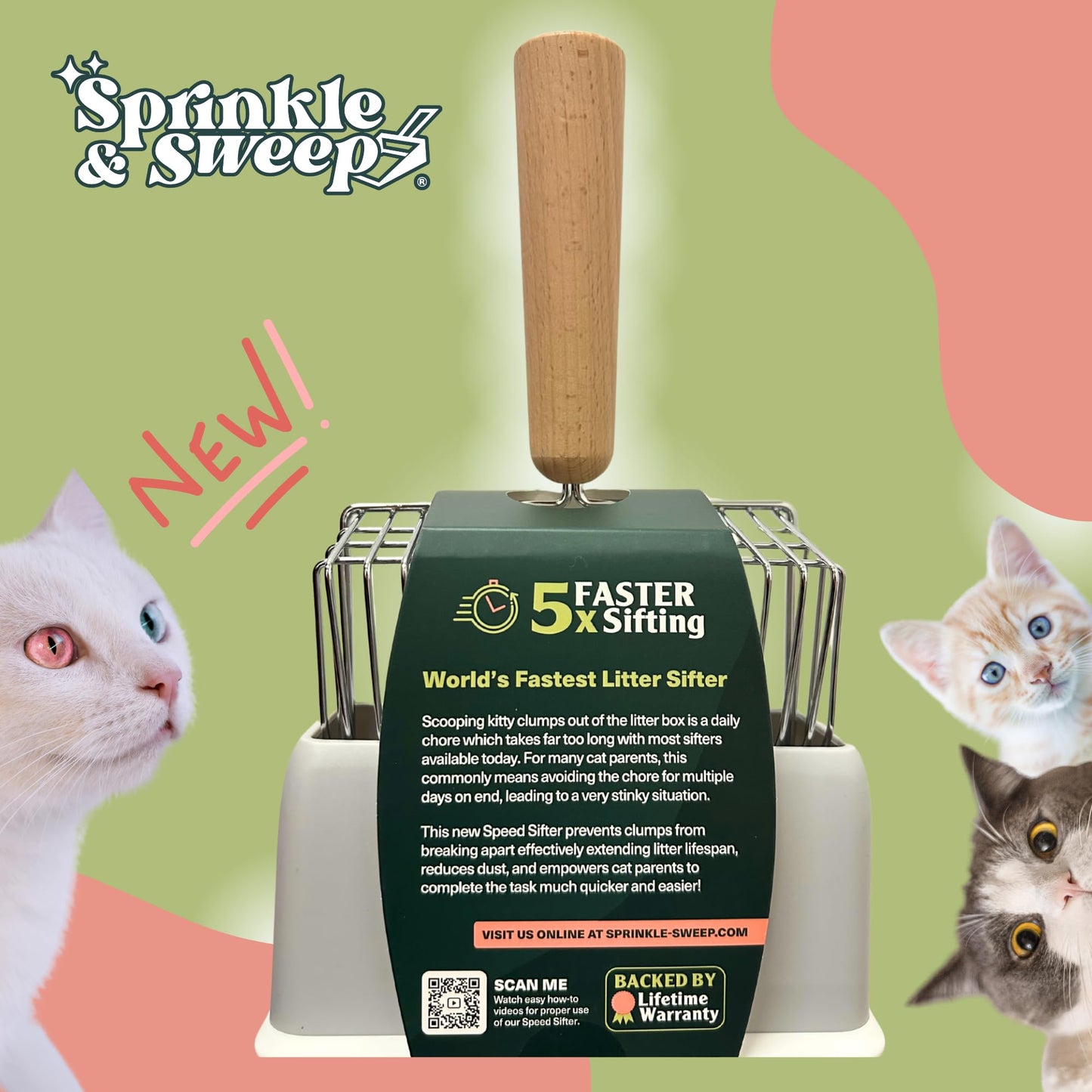 Sprinkle & Sweep Metal Cat Litter Scoop – Heavy Duty Sifter with Beech Wood Grip & Stand, Washable for Fast & Easy Litter Cleaning