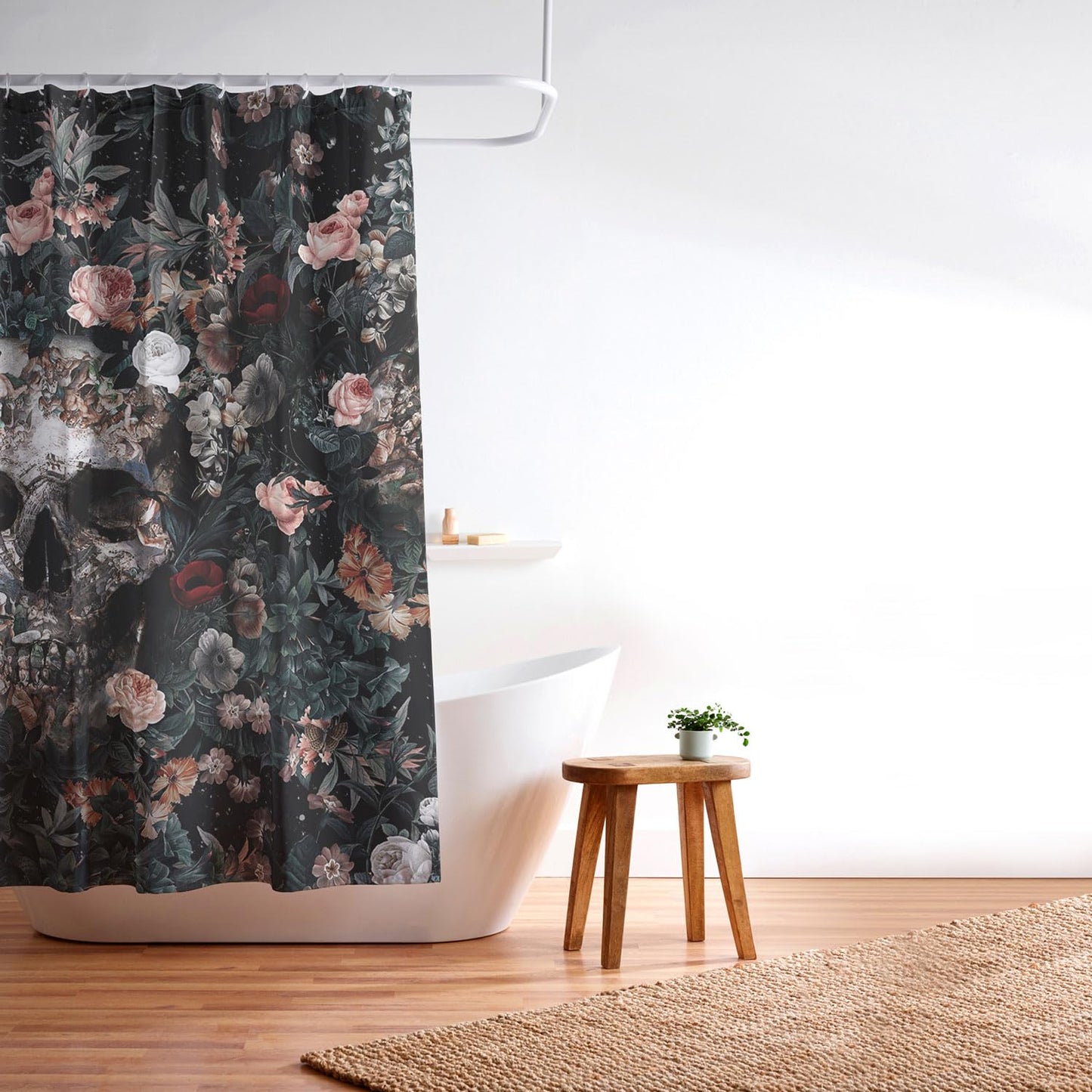 Society6 Shower Curtain - Bathroom Decor by Burcu Korkmazyurek - Extra Long Fabric Shower Curtains for Bathroom, 71" x 74", Skull and Floral
