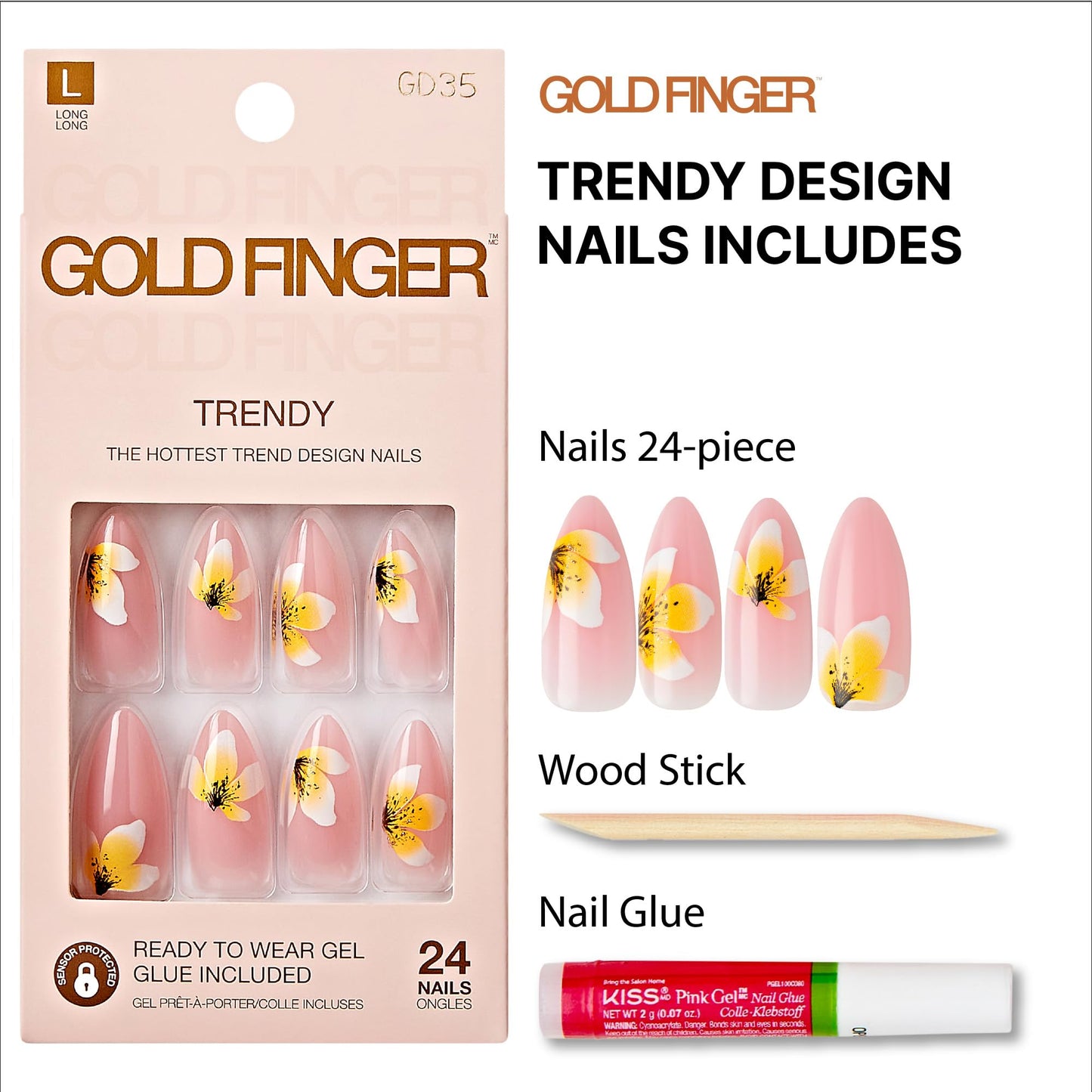Goldfinger Trendy False Nails Kit, Long Almond Shape Design Nail, Pink & Flower Print, Ready to Wear Gel & Manicure Stick Included, Long-Lasting Beauty & Personal Care Goldfinger