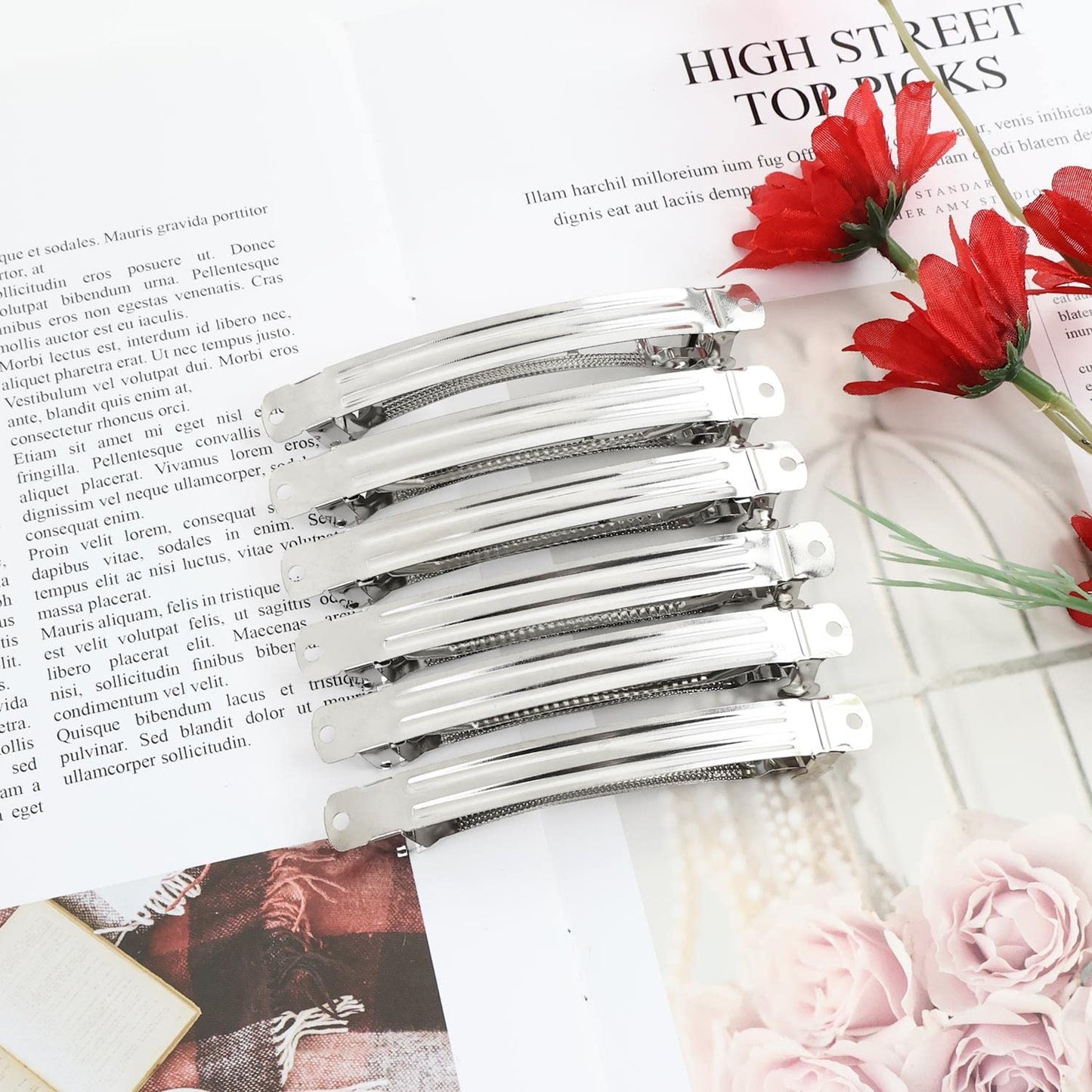 Lawie 50 Pack 4 Inch Large Silver Blank Rectangle Metal French Barrette 10cm Hair Clips DIY Crafts Plain Barrettes for Bows Thick Hair Snap Clips