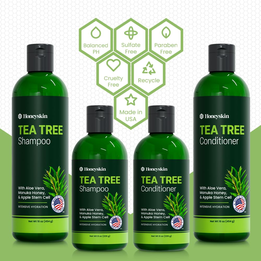 Tea Tree & Honey Shampoo & Conditioner Set - Dandruff Treatment With Organic Tea Tree Oil - Itchy Scalp Treatment for Women & Men - Sulfate