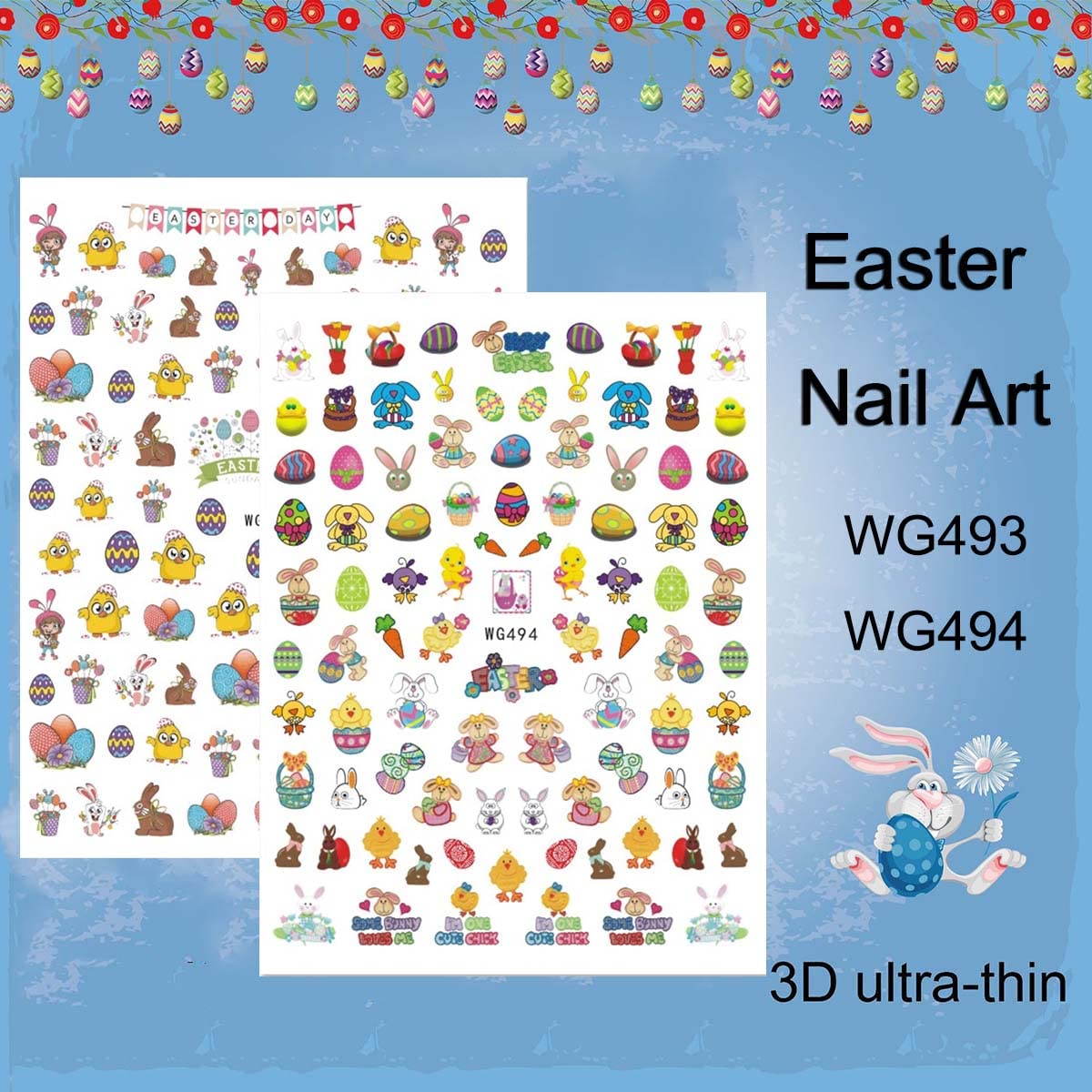 Easter Nail Art Stickers Decals, 3D Self-Adhesive Cartoon Bunny Egg Chicken Nail Decals for Women Girls Easter Day DIY Nail Decoration 6 Sheets