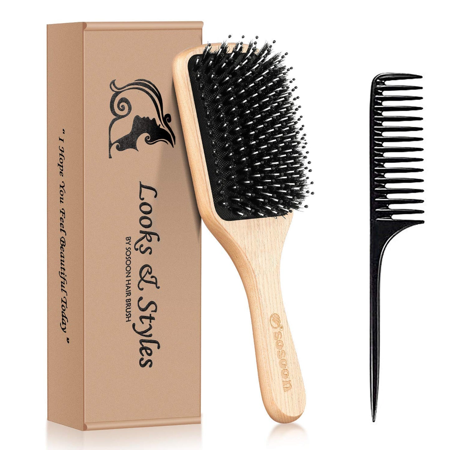 Hair Brush, Sosoon Boar Bristle Paddle Hairbrush for Long Short Thick Thin Curly Straight Wavy Dry Hair for Men Women Kids, No More Tangle, Giftbox Beauty and Personal Care Sosoon Default Title