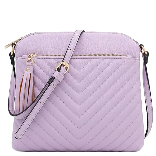 FashionPuzzle Chevron Quilted Medium Crossbody Bag with Tassel Accent (Lavender)