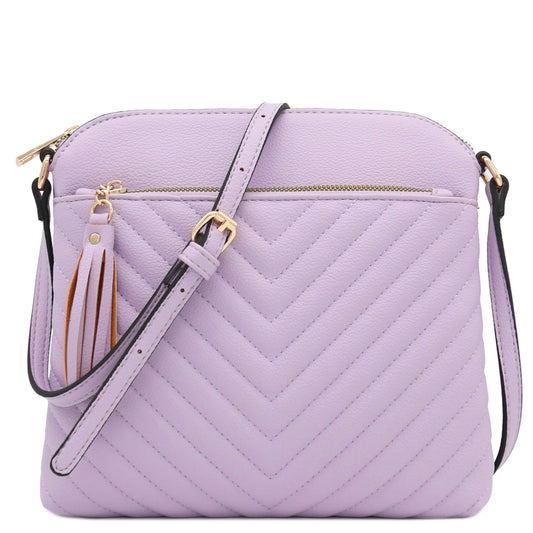 FashionPuzzle Chevron Quilted Medium Crossbody Bag with Tassel Accent (Lavender)