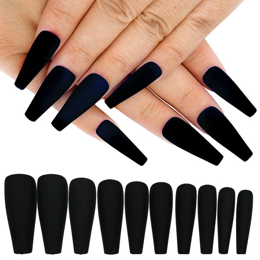 AddFavor 100pcs Coffin Fake Nails Full Cover Long Press on Nails Pure Color Matte Acrylic False Nail Tips for Women and Girls (Black) Beauty & Personal Care AddFavor