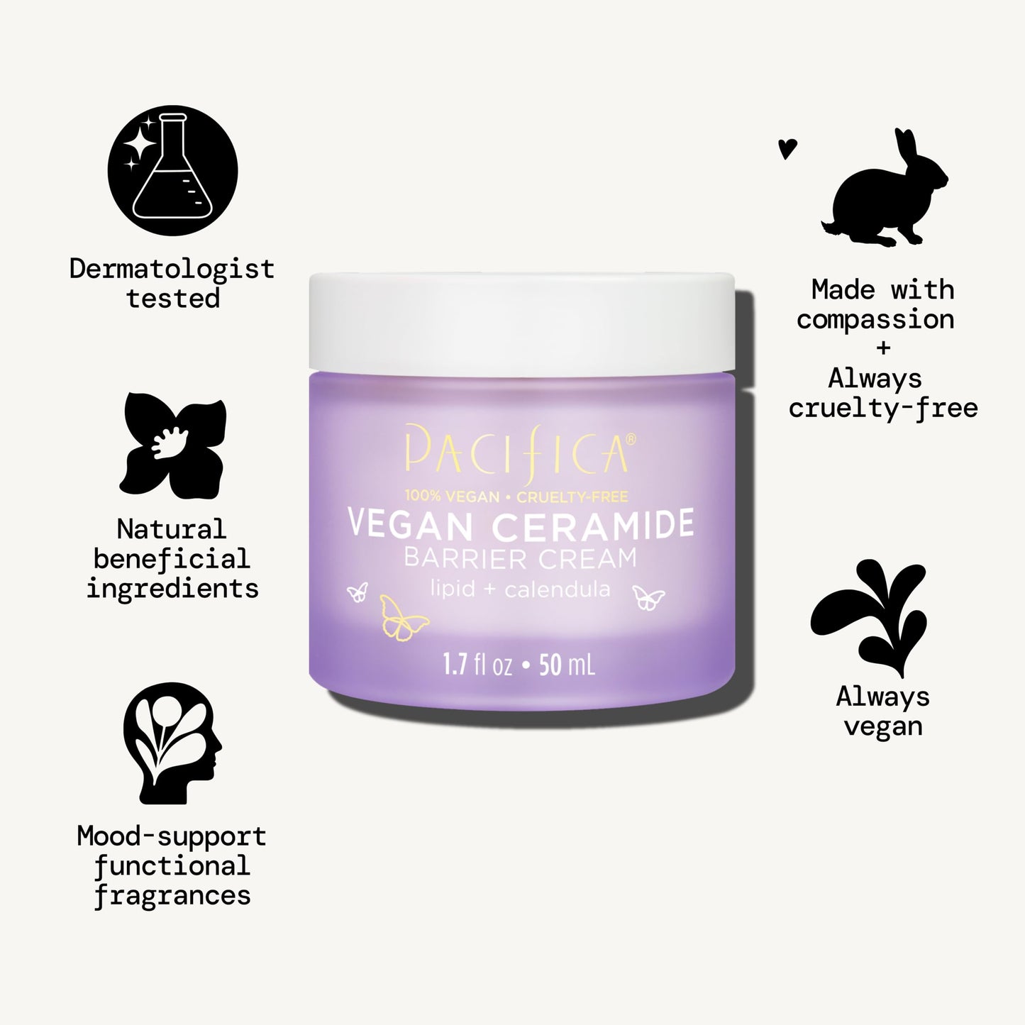 Pacifica Face Cream - Vegan Ceramide Barrier Cream w/Niacinamide & Shea Butter - Hydrating Daily Face Moisturizer Fragrance Free for Sensitive Skin