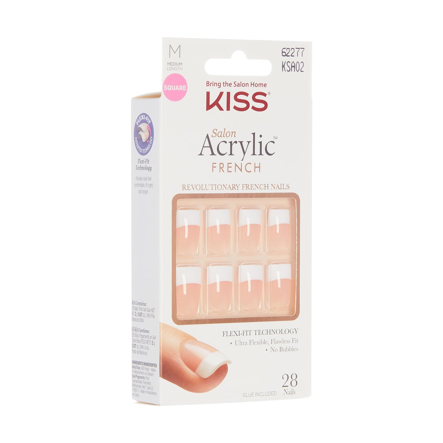 KISS Salon Acrylic Press On Nails, Nail glue included, 'Sugar Rush', French, Medium Size, Square Shape, Includes 28 Nails, 2g Glue, 1 Manicure Stick