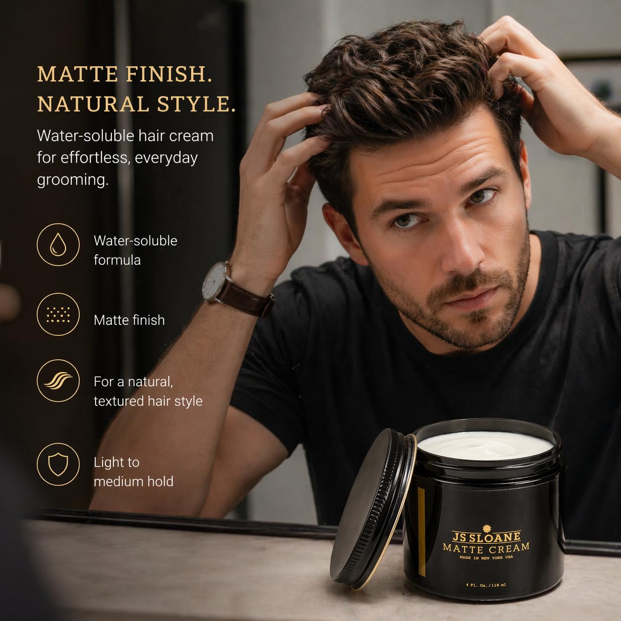 JS Sloane Matte Cream for Men - Water-Soluble Hair Styling Cream, Natural Matte Finish, Light to Medium Hold, Texturizing Grooming Product