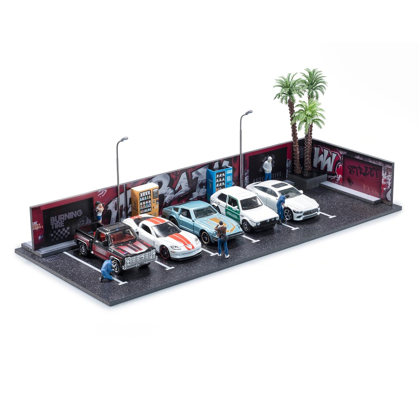 1/64 Diorama Garage, Garage and Display Case for Model Car, Scenic Diorama Display Car Park with 2 LED Street Lamps and 5 Outdoor Parking Spaces