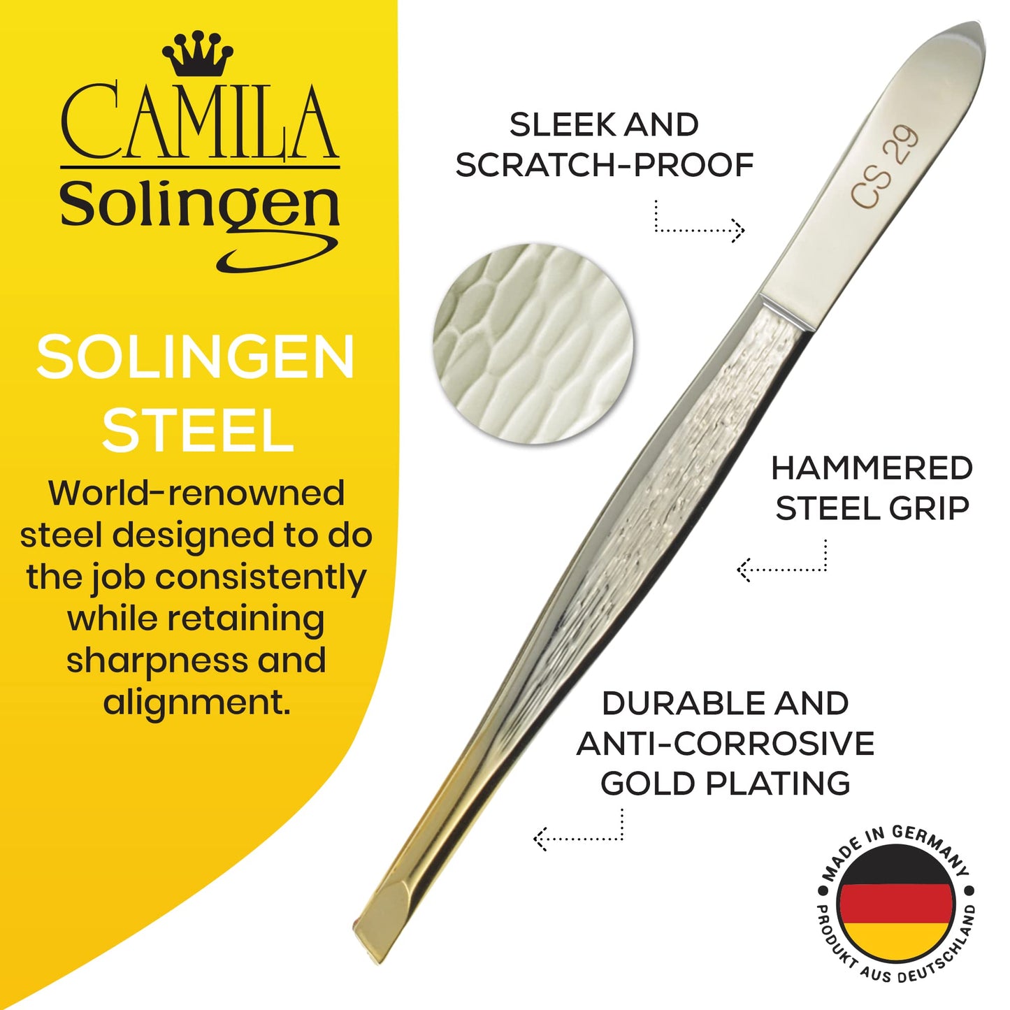 Camila Solingen CS29 3 1/2" Gold Tipped, Surgical Grade, German Stainless Steel Tweezers (Slanted) - Flawless Eyebrow and Facial Hair Shaping