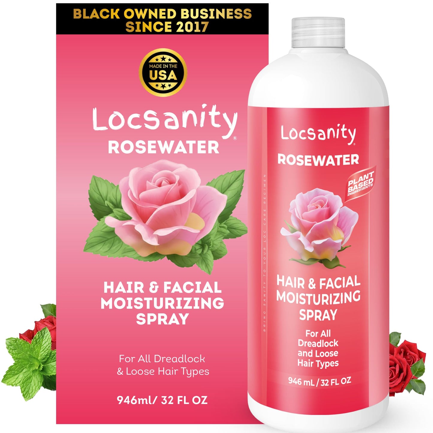 Locsanity Pure Rosewater Hair and Facial Spray - Jumbo Size Hydrating Face Mist to Soothe, Refresh, and Rejuvenate Skin, Reduce Oil and Buildup (32oz)
