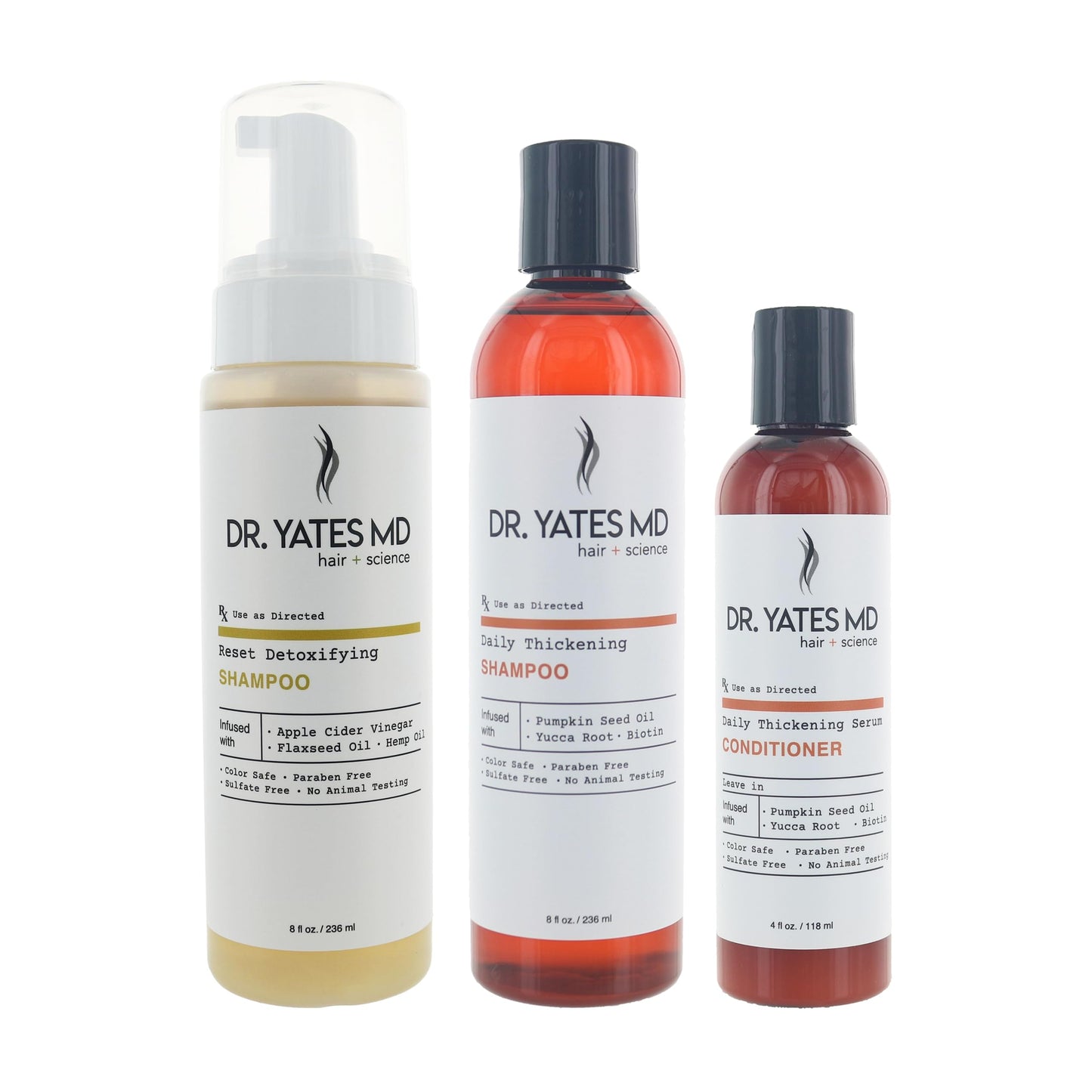 Dr. Yates MD - Hair Thickening Bundle - Bundle with Daily Thickening Shampoo + Daily Thickening Serum Leave in Conditioner + Reset Detoxifying Shampoo
