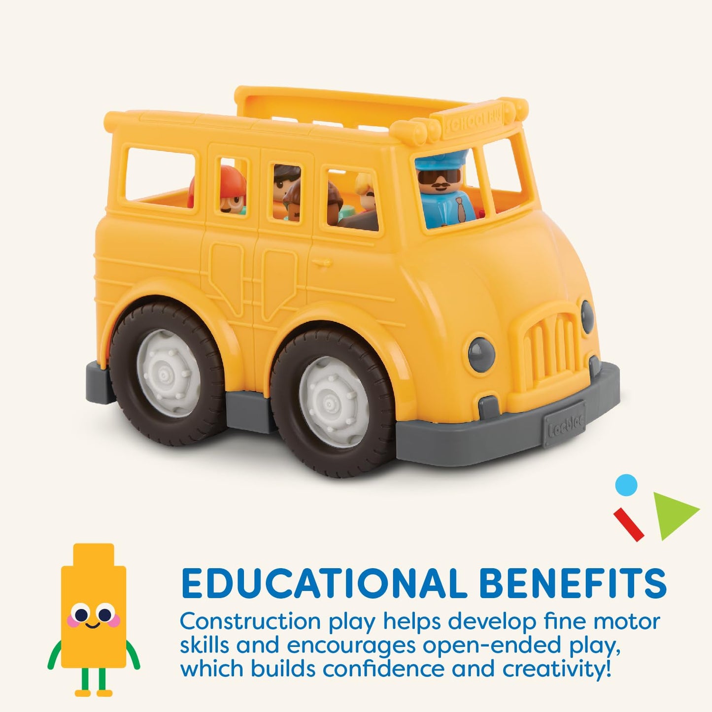 Battat - School Bus - 8 Pieces Construction Set - 5 Figures & 2 Blocks - Build - On Vehicle - 12+ Months - Locbloc® School Bus