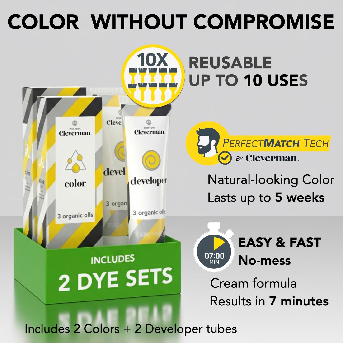 2X Reusable Hair & Beard Dye for Men - Black | Up to 10 Uses, 7 Minutes | Natural Gray Coverage, No-Drip Cream with SkinArmour® - Cleverman Beauty and Personal Care CLEVERMAN