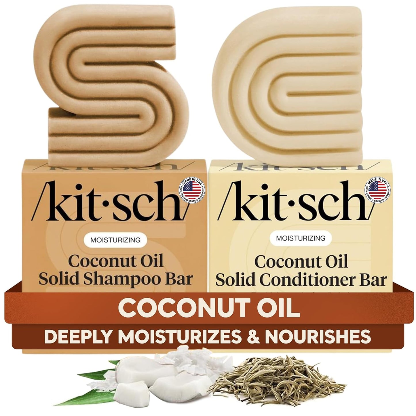 Kitsch Coconut Oil Shampoo and Conditioner Set - Deep Moisturizing Shampoo and Conditioner Bar for Dry Damaged Hair - Hydrating Solid Bars for Curly