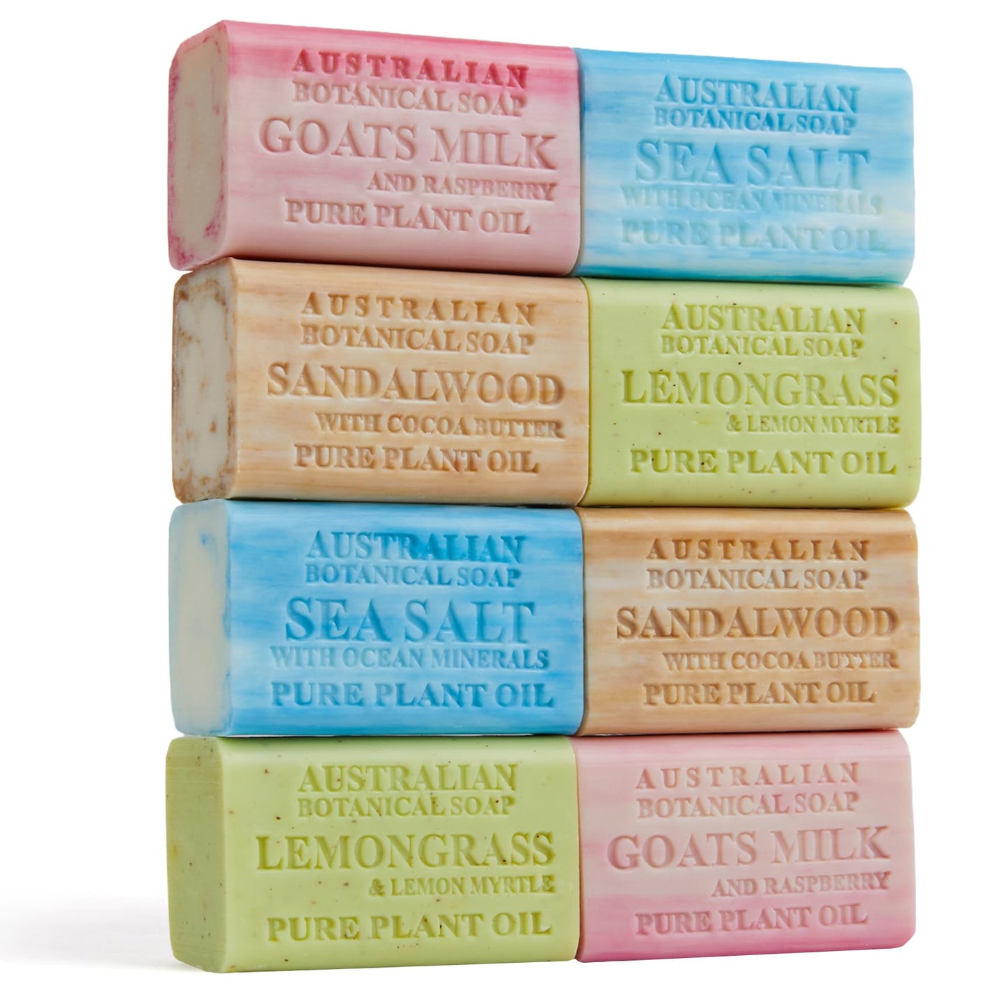Australian Botanical Soap, 8-Pack Bar Soap Set, 6.6 oz Each, 2 of each, Sandalwood, Sea Salt, Goats Milk Raspberry, Lemongrass & Lemon Myrtle