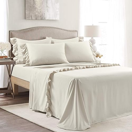 Lush Decor Reyna Ruffle Sheet Set 6 Piece Set Queen, Wheat -Queen Sheets - Beige Bed Sheets - Queen Size Bed Sheet Set - Coquette Bedroom Decor