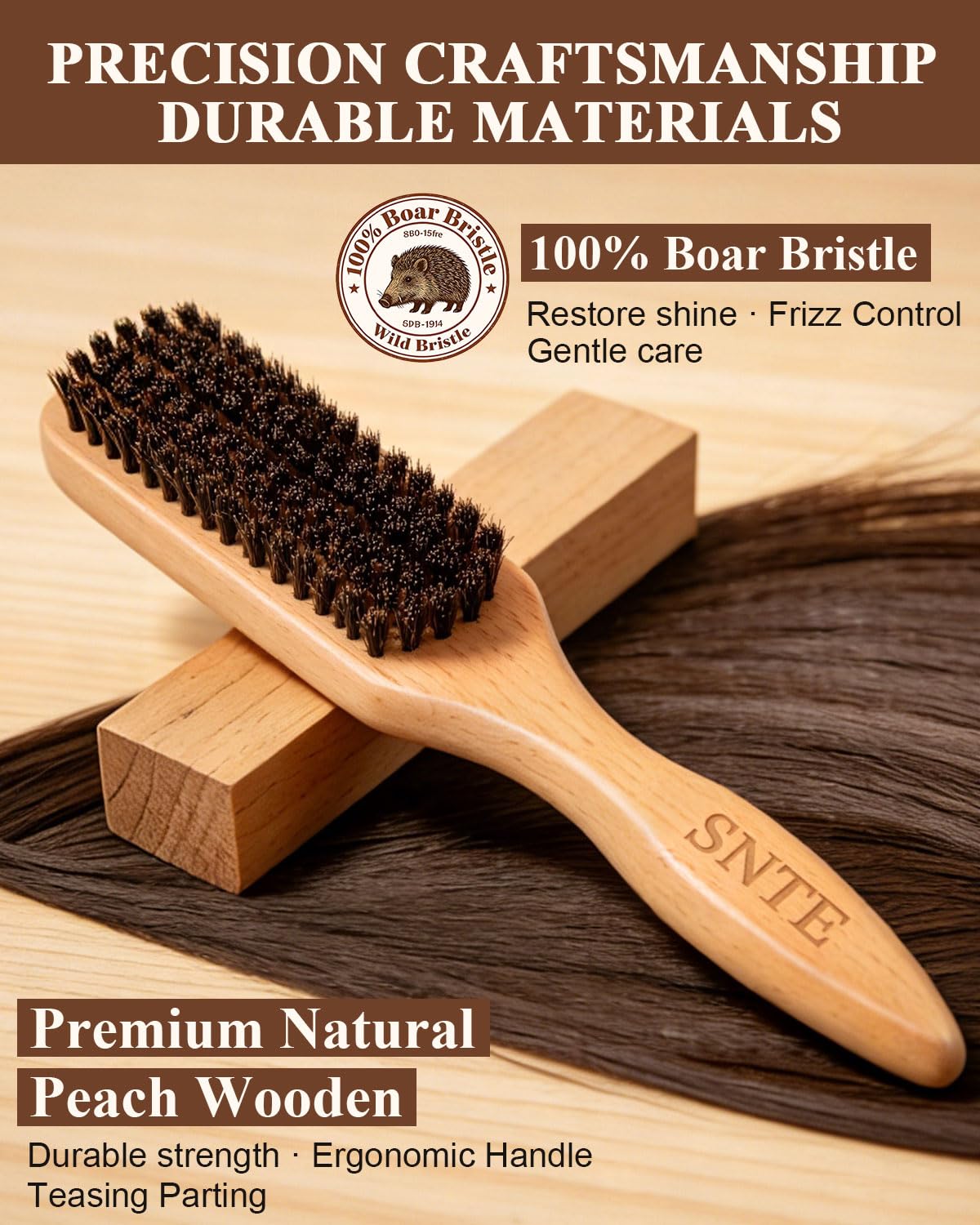 100% Boar Bristle Slick Back Hair Brush | Natural Peach Wood Handle | Restores Shine, Controls Frizz, Smooths Flyaways | Teasing Adds Volume Styling Beauty and Personal Care Samnyte