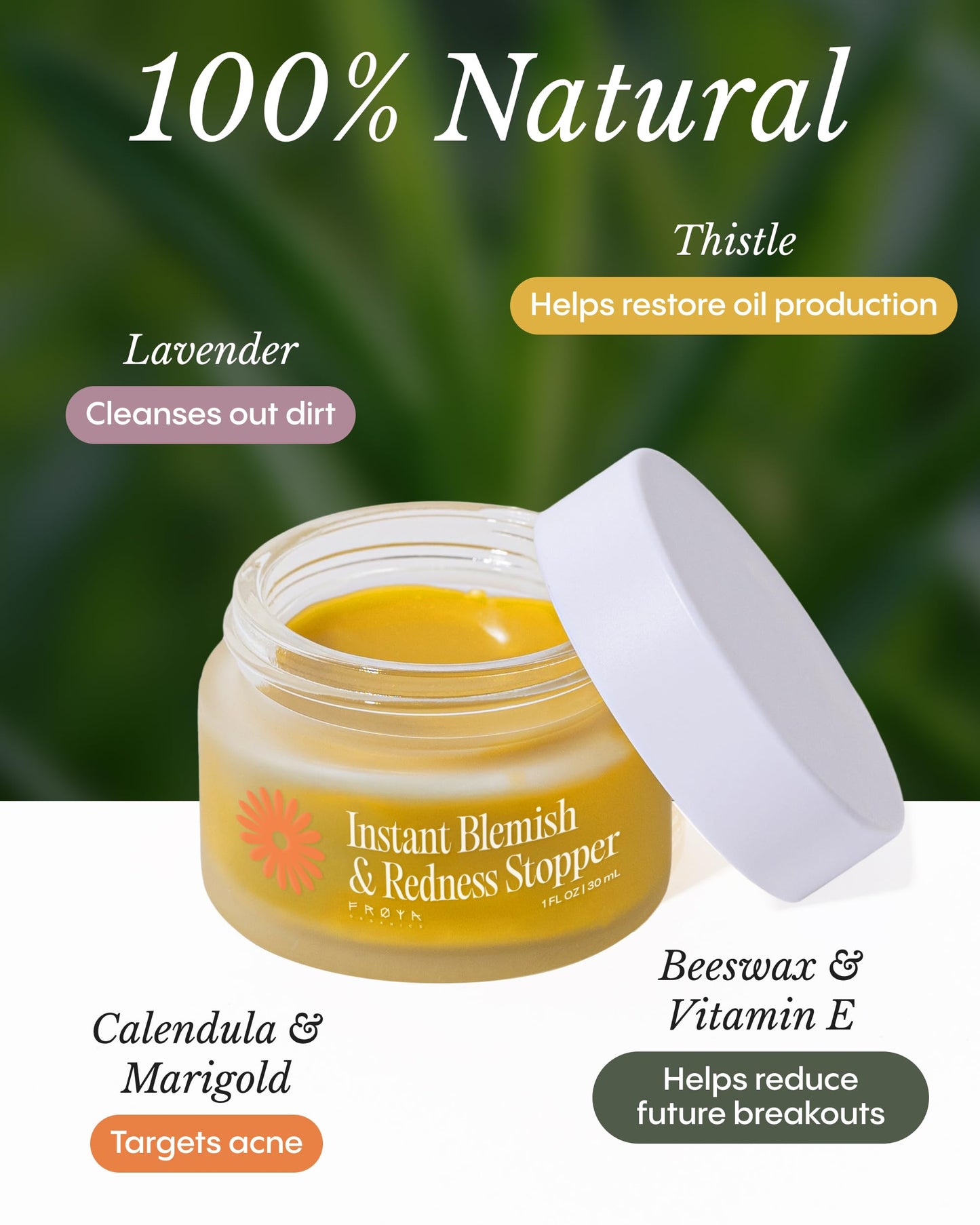 FRØYA Organics | Blemish Control & Redness Relief Balm | Helps Clear Breakouts & Restore Oil Balance | Calendula & Lavender Cleanse Pores | Reduce