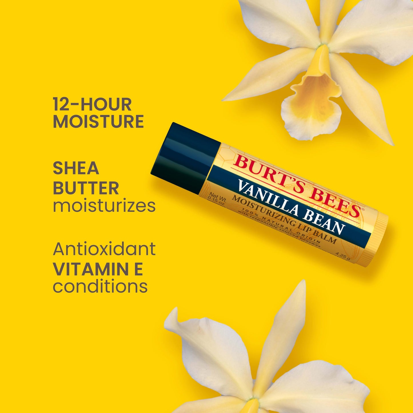 Burt's Bees Vanilla Bean Lip Balm, Lip Moisturizer With Responsibly Sourced Beeswax, Tint-Free, Natural Conditioning Lip Treatment, 1 Tube, 0.15 oz.
