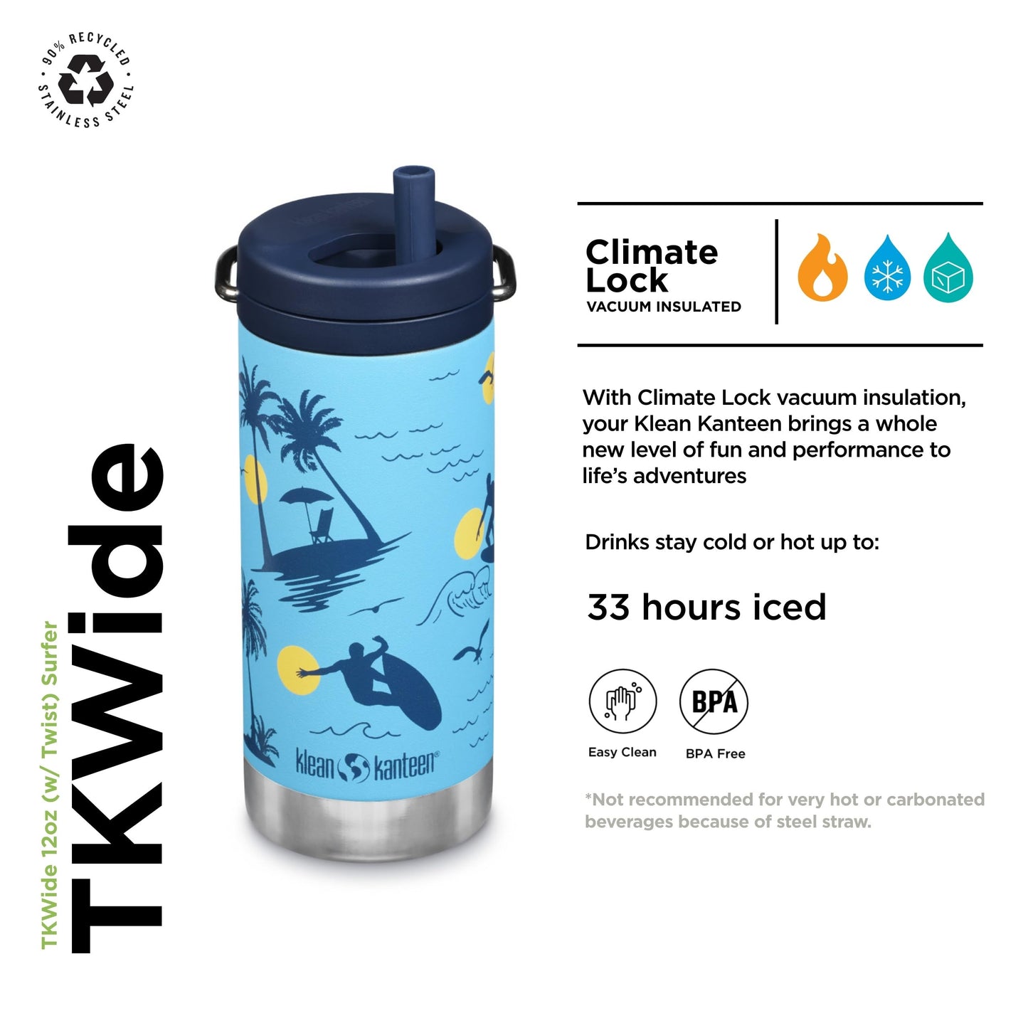 Klean Kanteen TKWide Insulated Bottle - Twist Cap, Steel Straw - Sports & Office - Surfer, 12 oz