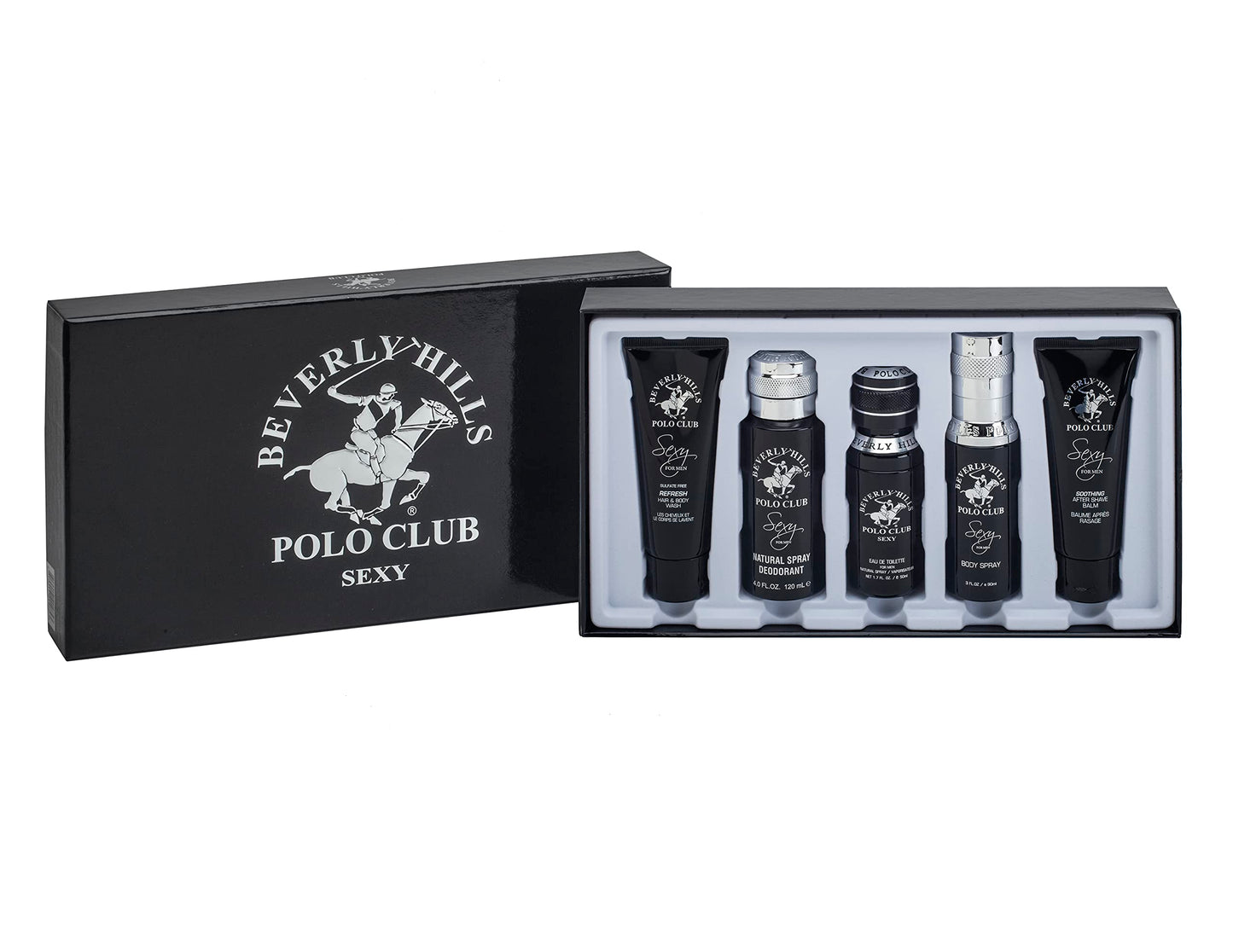 Beverly Hills Polo Club BHPC Sexy Men's 5-Piece Grooming Gift Set - Refreshing Lemon Scent Cologne, Body Spray, After Shave, Hair & Body Wash