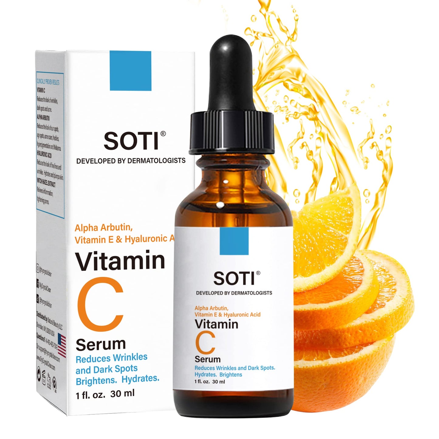Vitamin C Face Serum with Hyaluronic Acid, Alpha Arbutin and Vitamin E, Anti Aging for Dark Spots, Wrinkles & Acne, Brightens Skin Tone, Restores