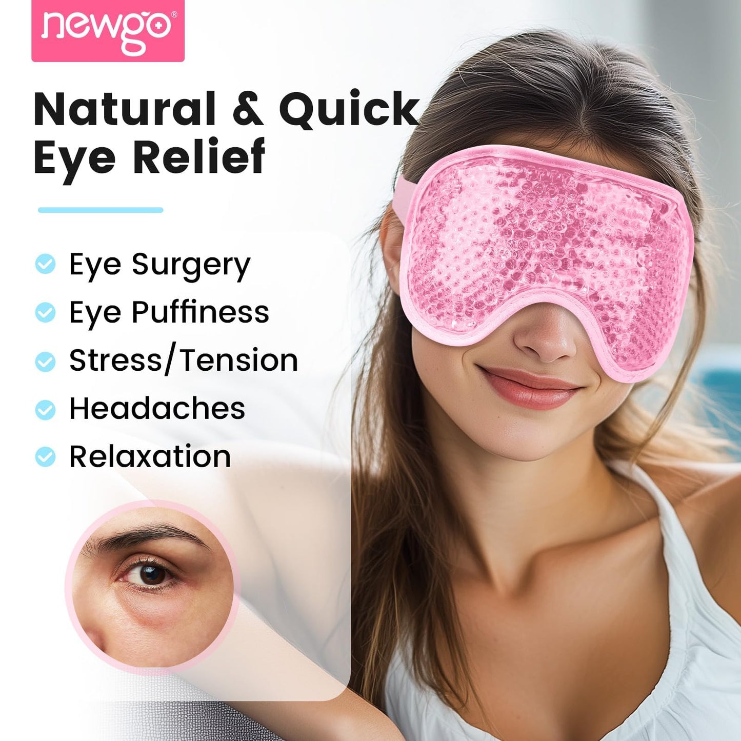 NEWGO Cooling Gel Cold Eye Mask for Puffy Eyes, Reusable Ice Pack with Soft Plush Backing for Dark Circles, Migraine, Stress Relief - Pink Beauty and Personal Care NEWGO