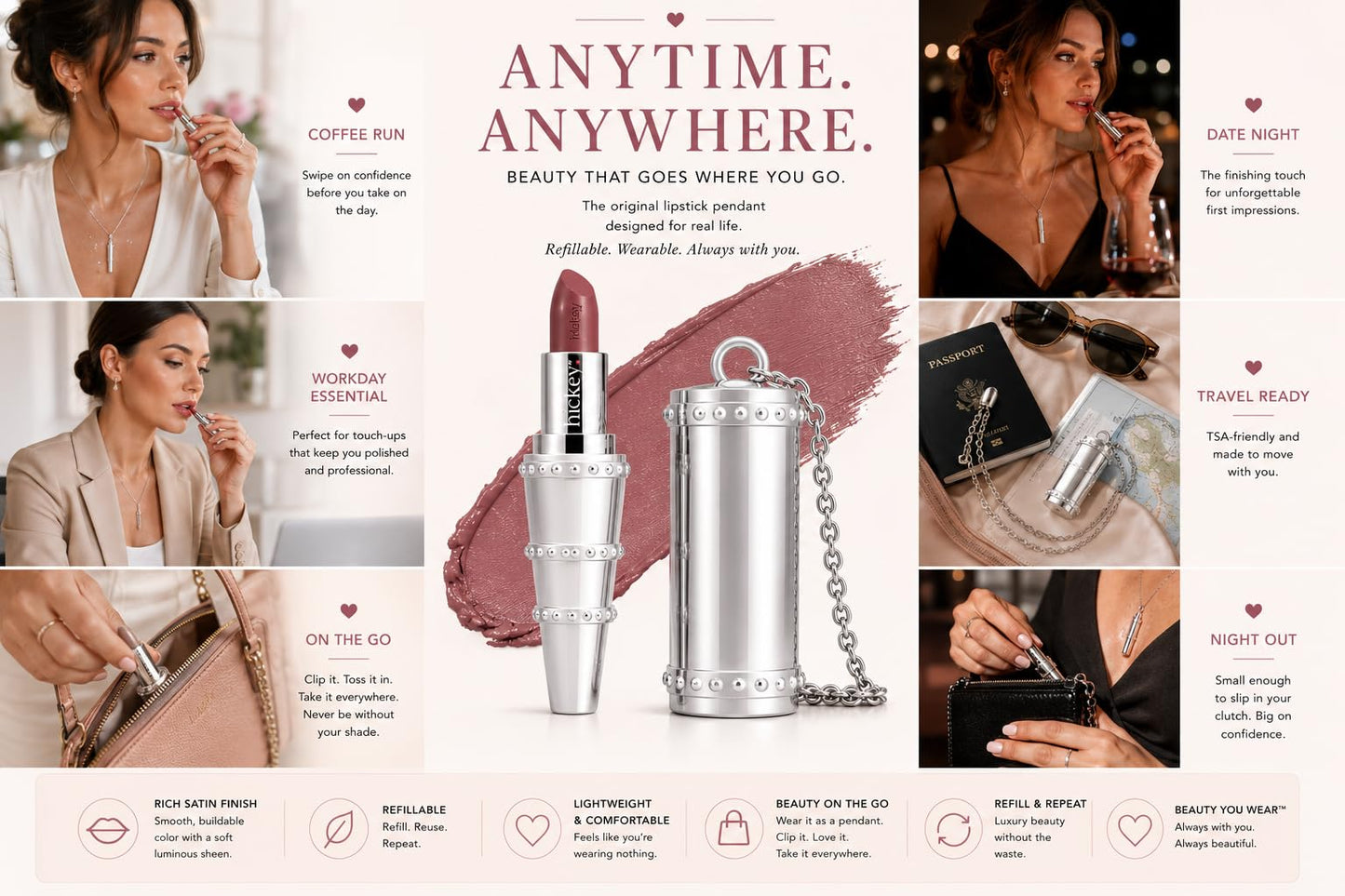 Hickey Refillable Pendant Lipstick, Make Out[Sheer Mauve Nude] - Wearable Satin Lip Color on a Chain, Refillable Clean Beauty, Full Lipstick Included