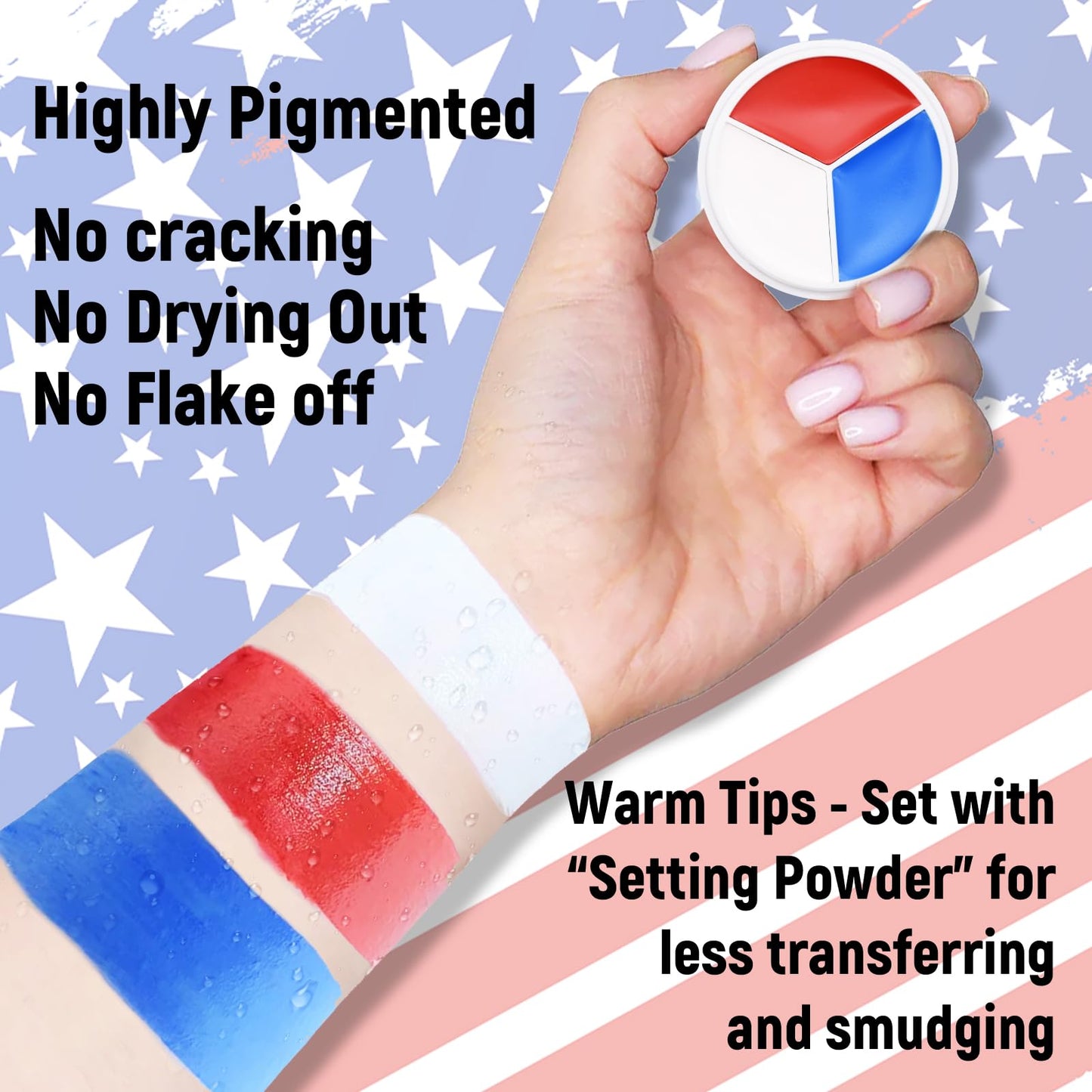 Red White Blue Face Paint - 3 Colors 12g USA American Flag Patriotic Stripe Fan Brush Stick, Face and Body Paint for 4th of July Independence Day