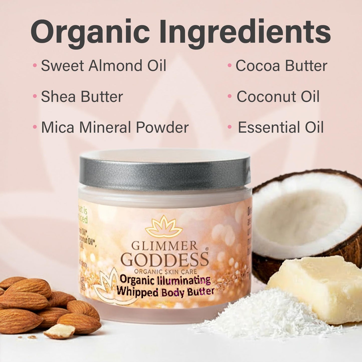 Glimmer Goddess Shimmer Body Butter with Organic Whipped Shea Butter for Hydration, Moisturizing & Silky Natural Glow - Diamond Super, 4 oz